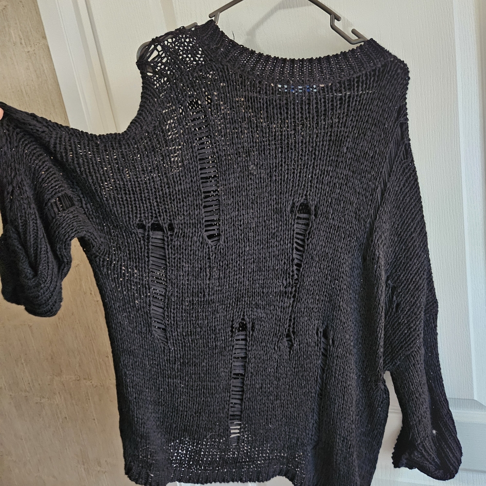 She + Sky Charcoal Distressed Knit Sweater